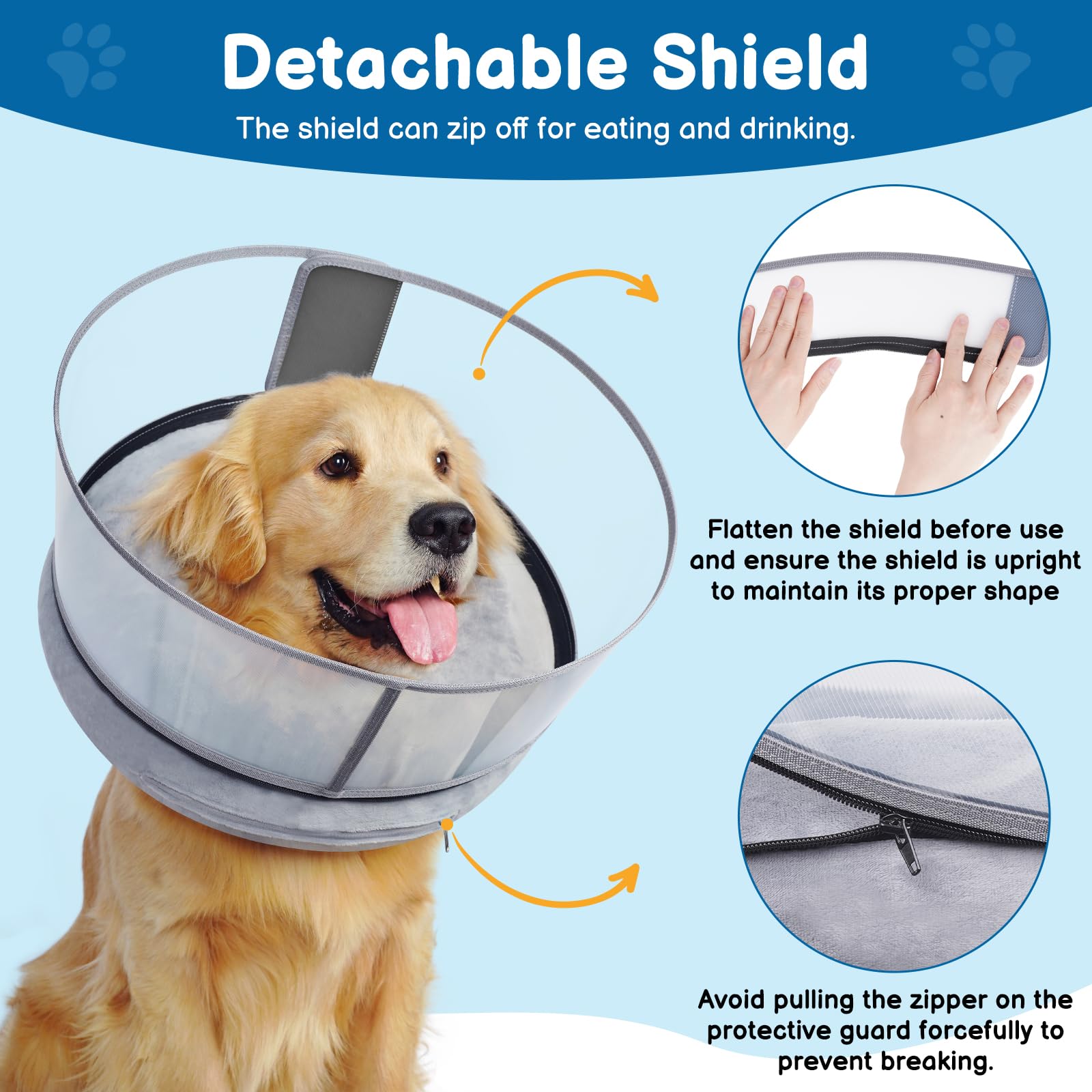 BARKLESS post-surgery use photo shows dog eating, drinking, and resting safely