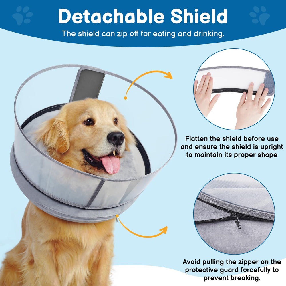 BARKLESS post-surgery use photo shows dog eating, drinking, and resting safely