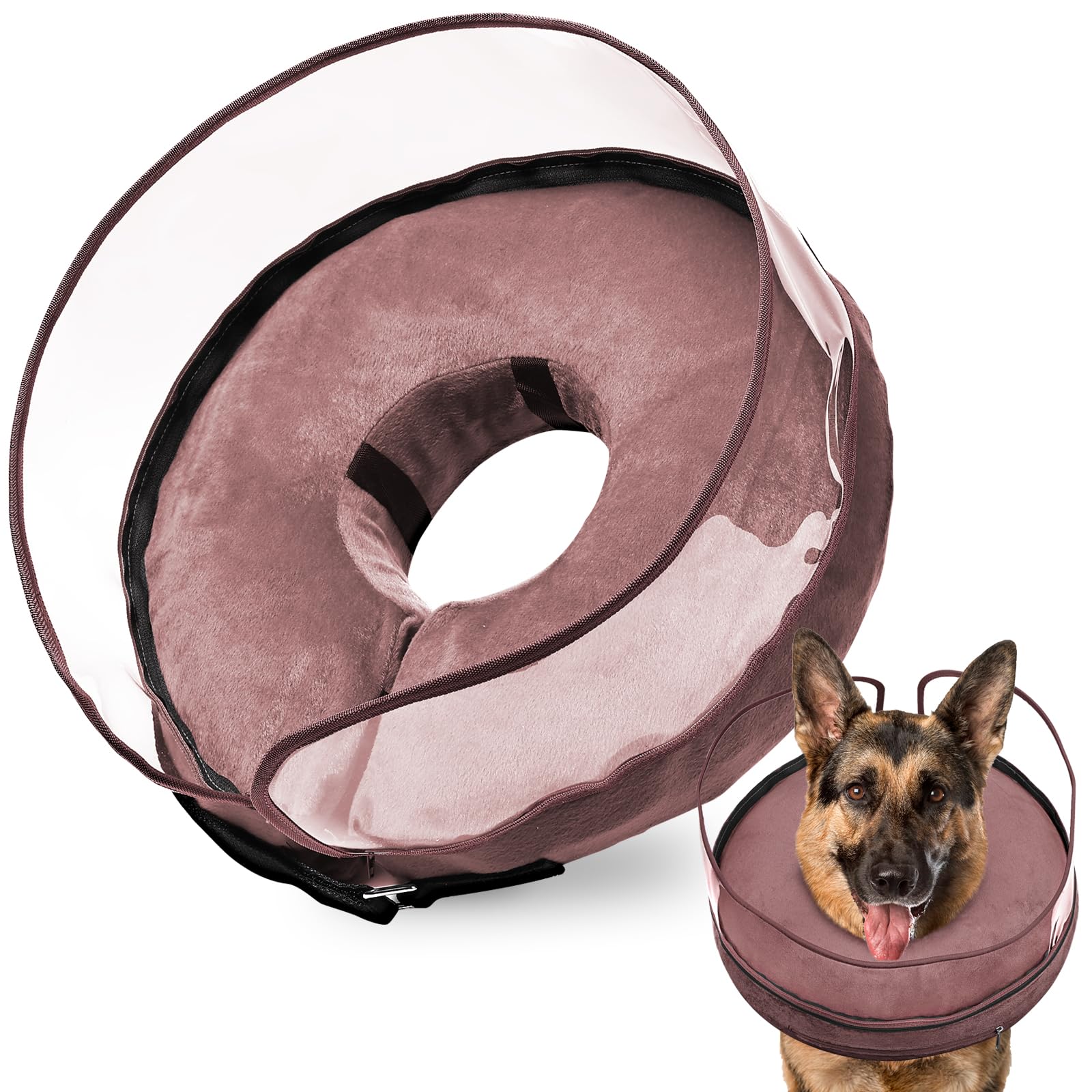 BARKLESS donut collar full view for comfortable post-surgery recovery without blocking vision.