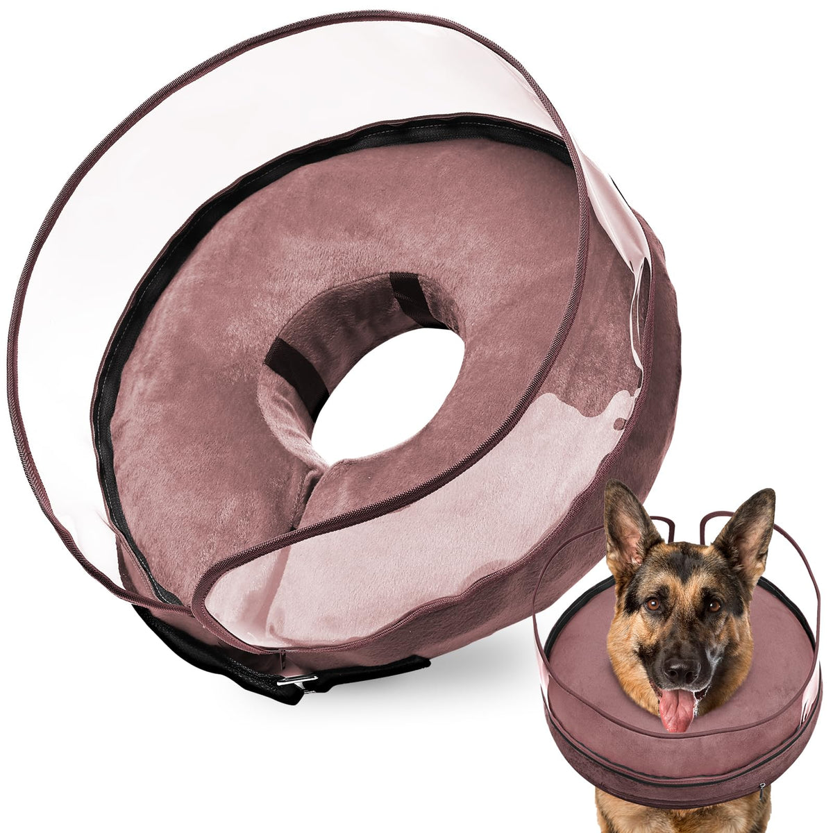BARKLESS donut collar full view for comfortable post-surgery recovery without blocking vision.