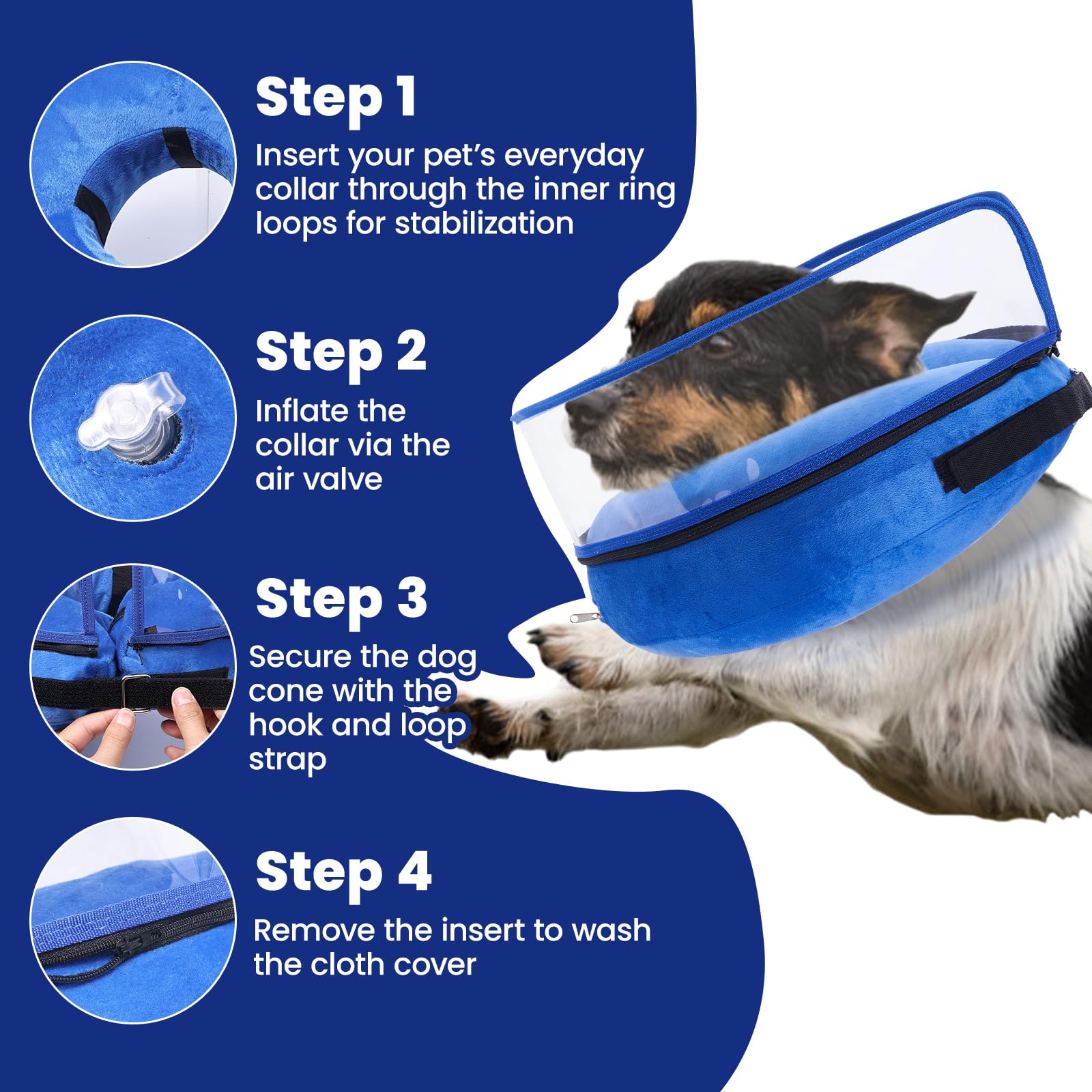 BARKLESS inflatable-cone in-use illustration highlights unobstructed vision during recovery