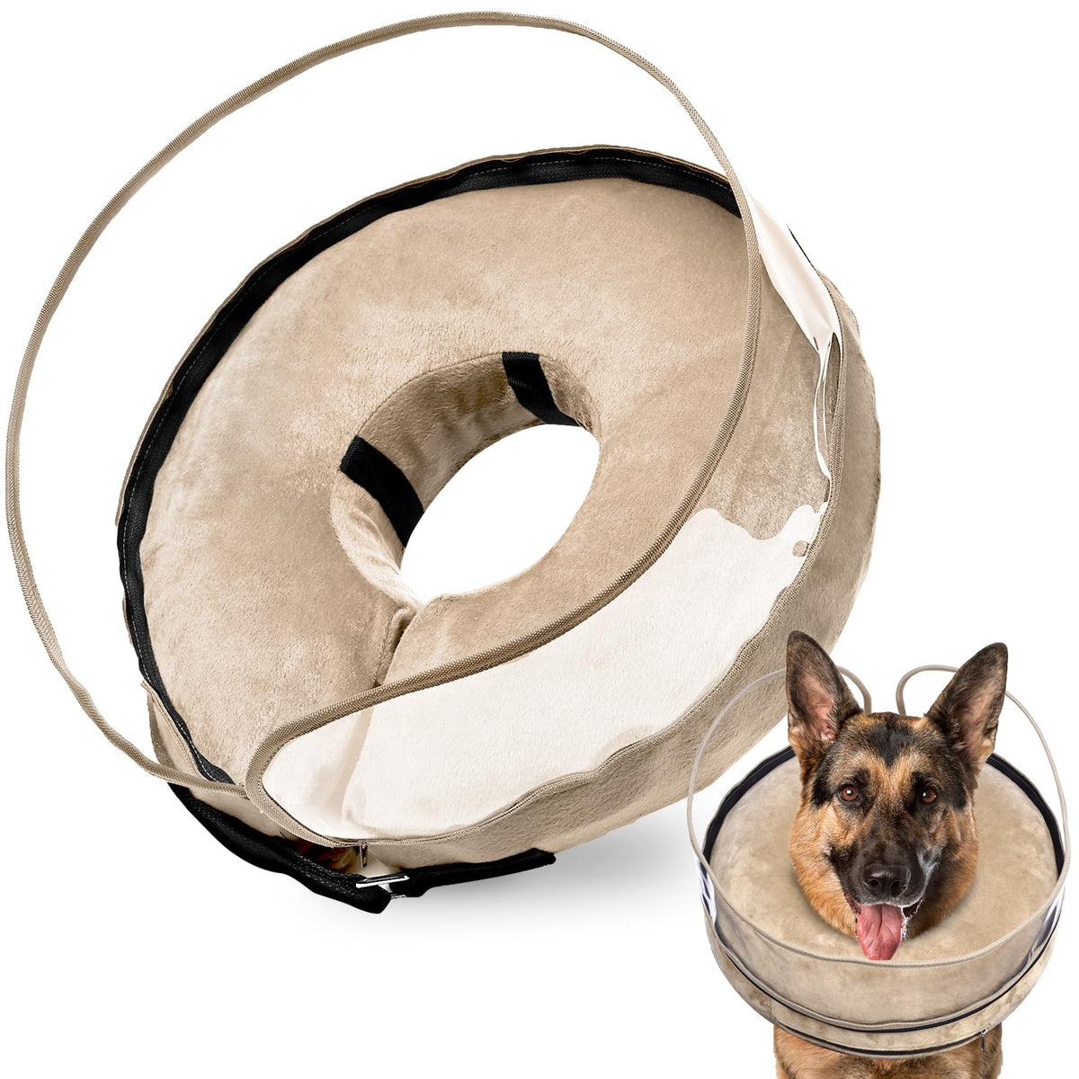 BARKLESS inflatable dog cone on a dog demonstrates comfortable protection