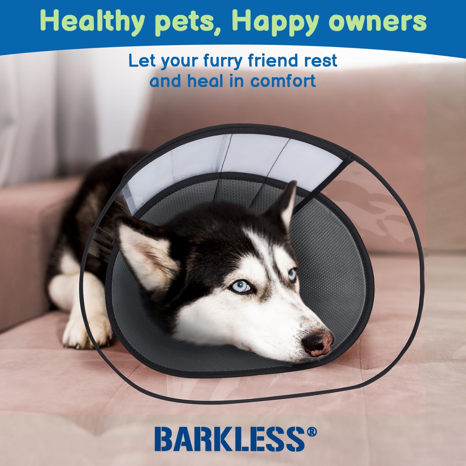 BARKLESS adjustable strap cone provides secure fit with easy adjustment.