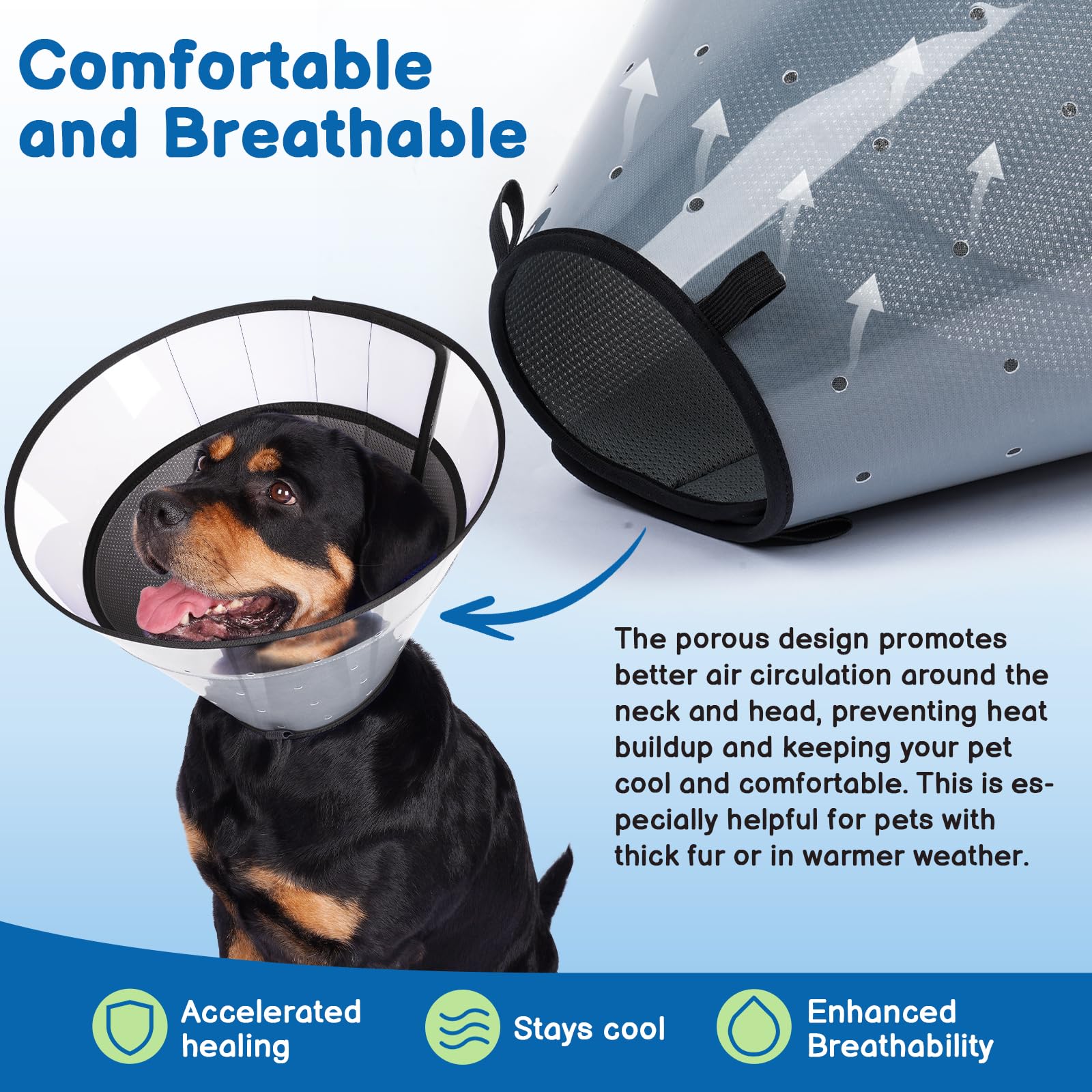 BARKLESS soft dog cone ventilated design keeps the dog's head cool.