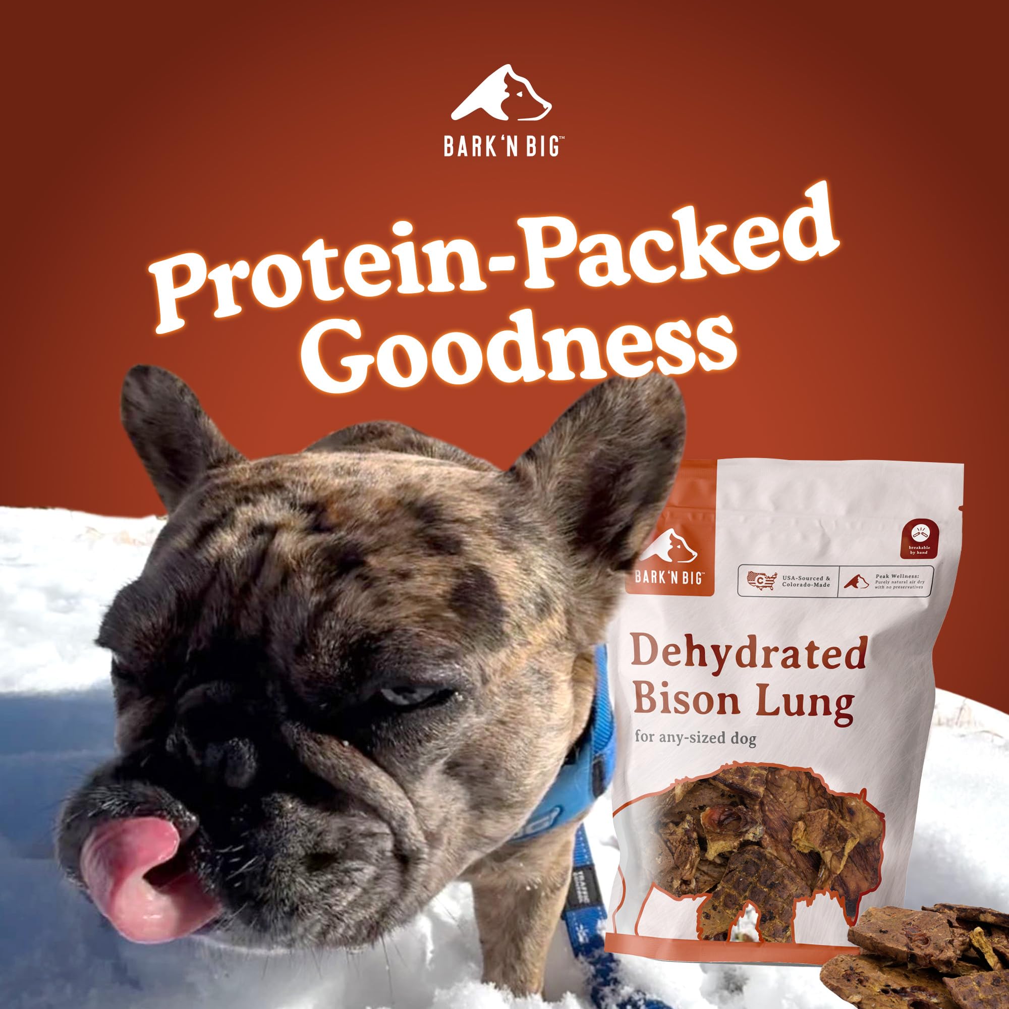 BARK'N BIG bison lung treats USA-made label emphasizes local sourcing and quality.