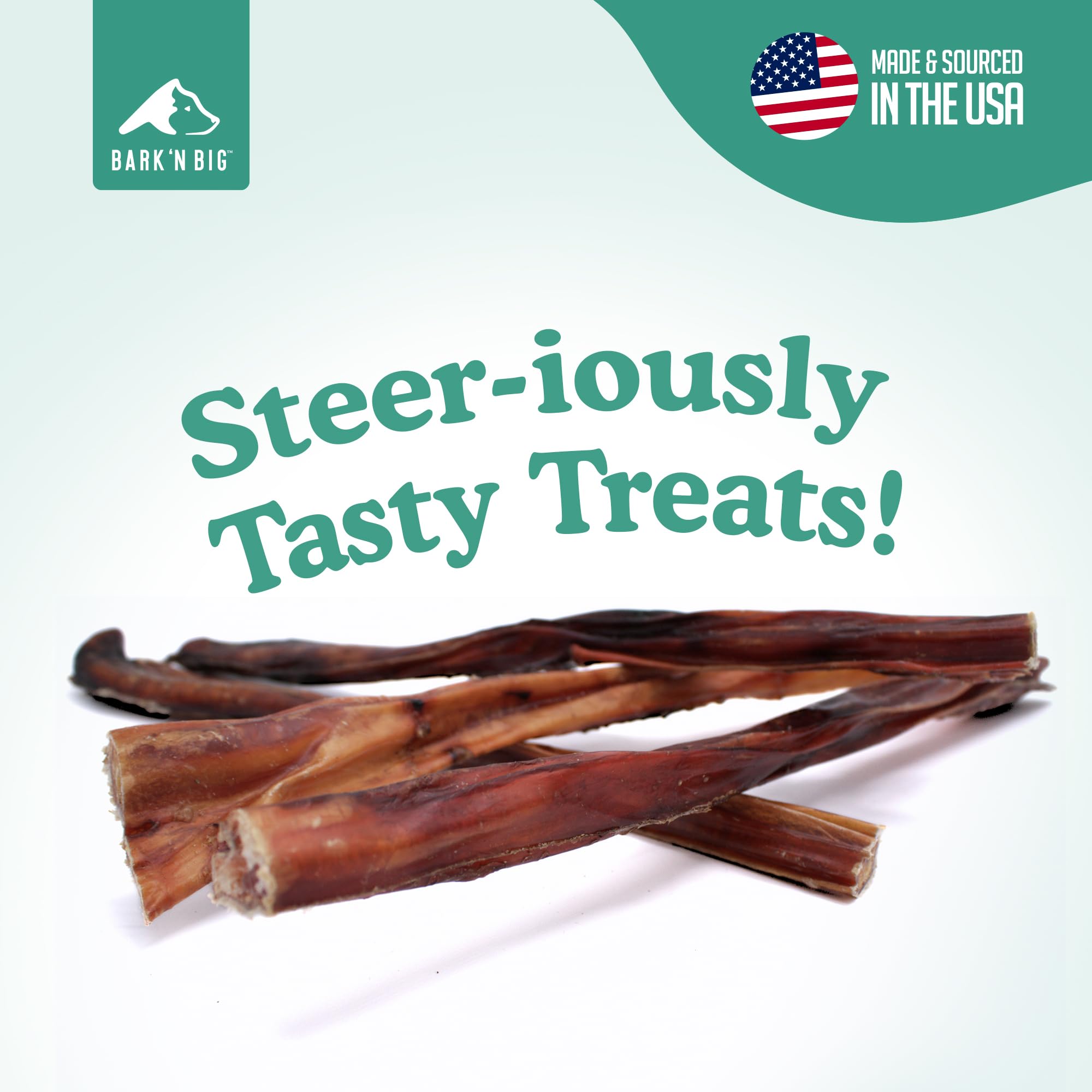 BARK'N BIG steer sticks raw bully stick image highlighting natural beef protein.