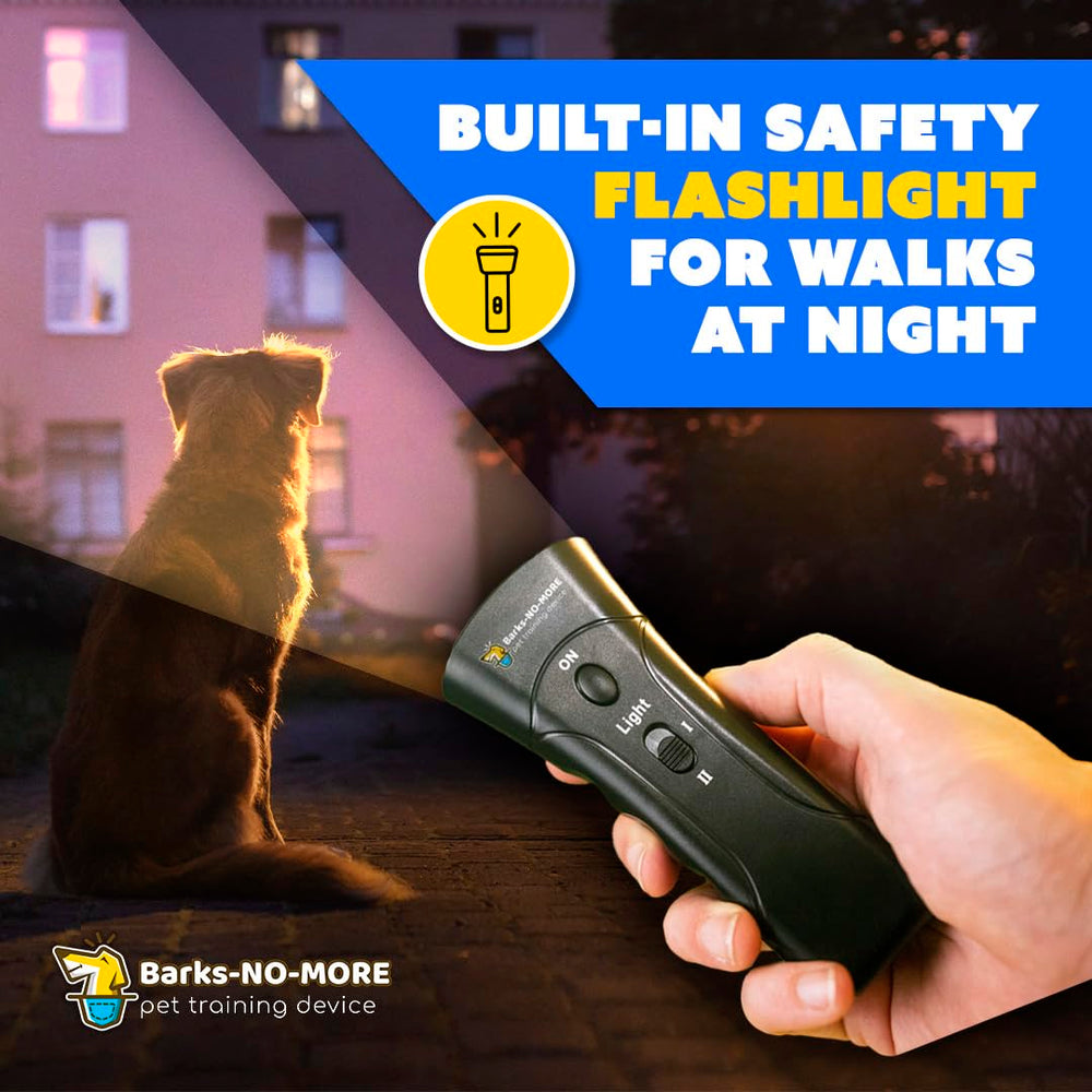 Barks No More ready-to-use device shown beside a dog during walking