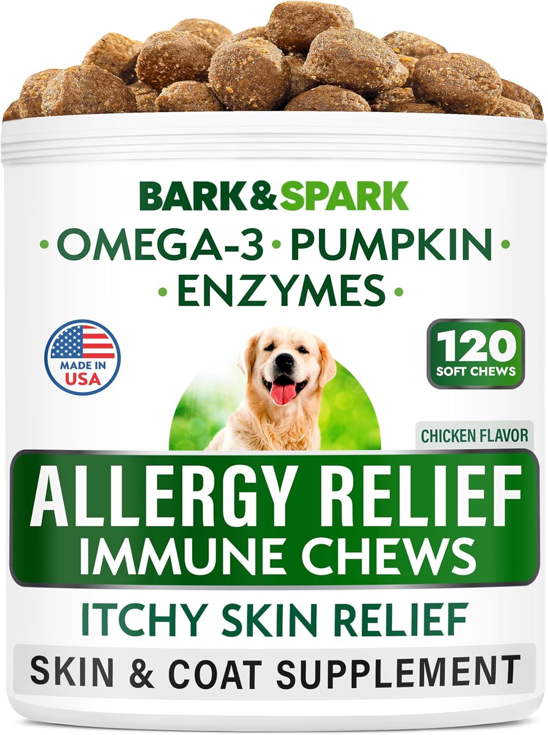 BARK&SPARK dog allergy relief chews jar shows convenient packaging for skin support