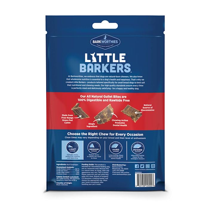 Closeup of Barkworthies Little Barkers Gullet Bites highlighting chewy texture and dental-friendly appeal.