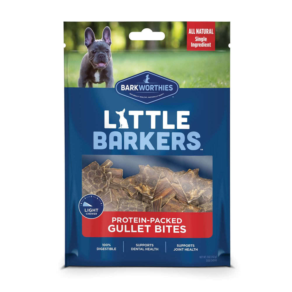 Barkworthies Little Barkers Gullet Bites pack 5oz shown for long-lasting chewing and dental support.
