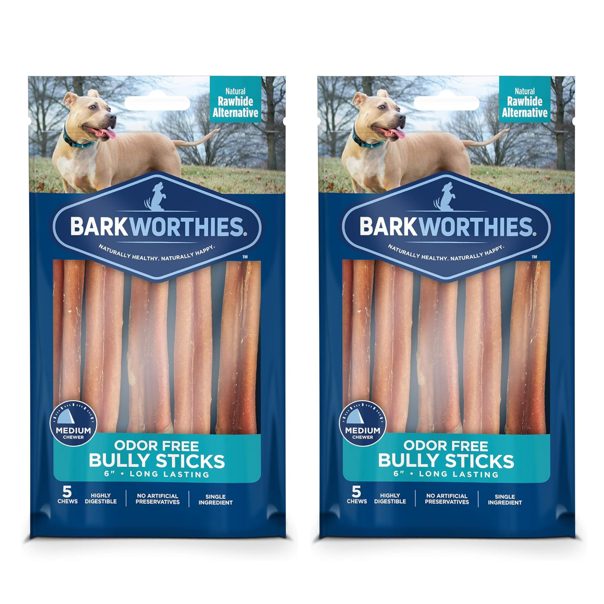 Barkworthies odor-free bully sticks 2-pack product shot highlight long-lasting protein snack.