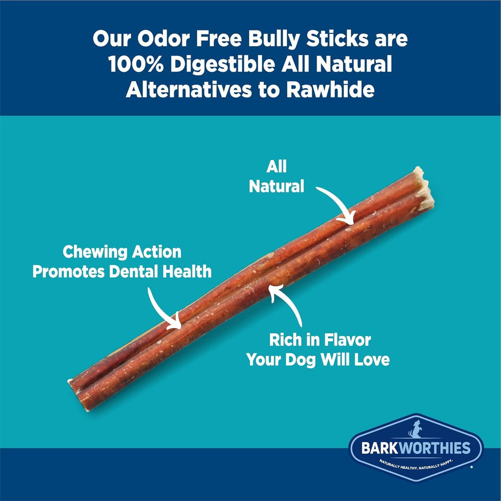 Barkworthies odor-free bully sticks closeup texture shows premium beef pizzle.
