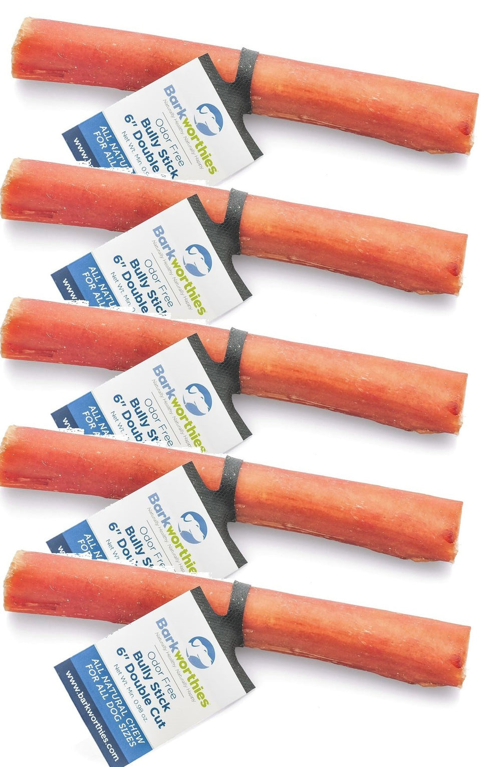 Barkworthies odor-free double-cut bully stick 6-inch chew supports dental health for dogs.