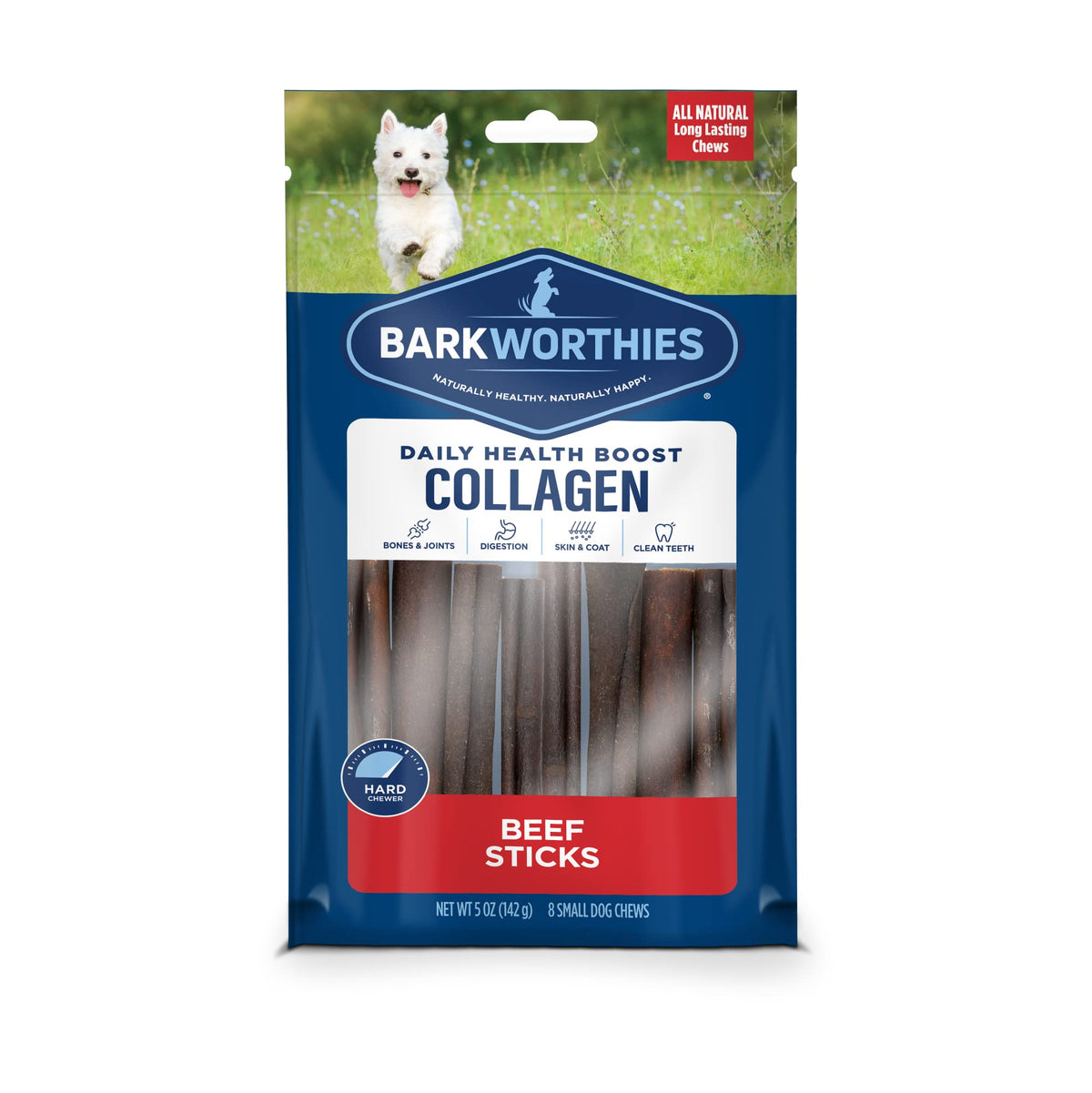 Barkworthies Plain Collagen Sticks 6in pack showing a long lasting chew for dogs