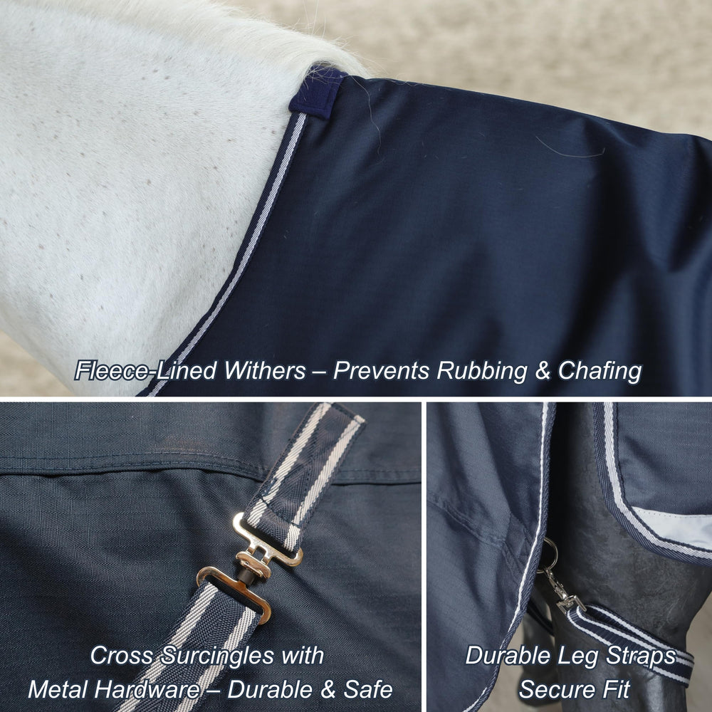 BARN & STABLE tail flap and removable leg straps block wind and hold blanket in place