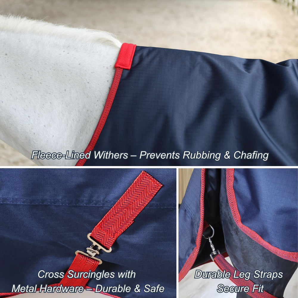BARN & STABLE tail flap and leg straps block drafts for warmth.