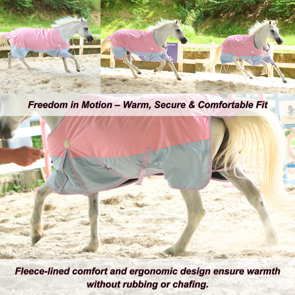 BARN & STABLE leg straps and tail flap close-up illustrate secure winter fit.
