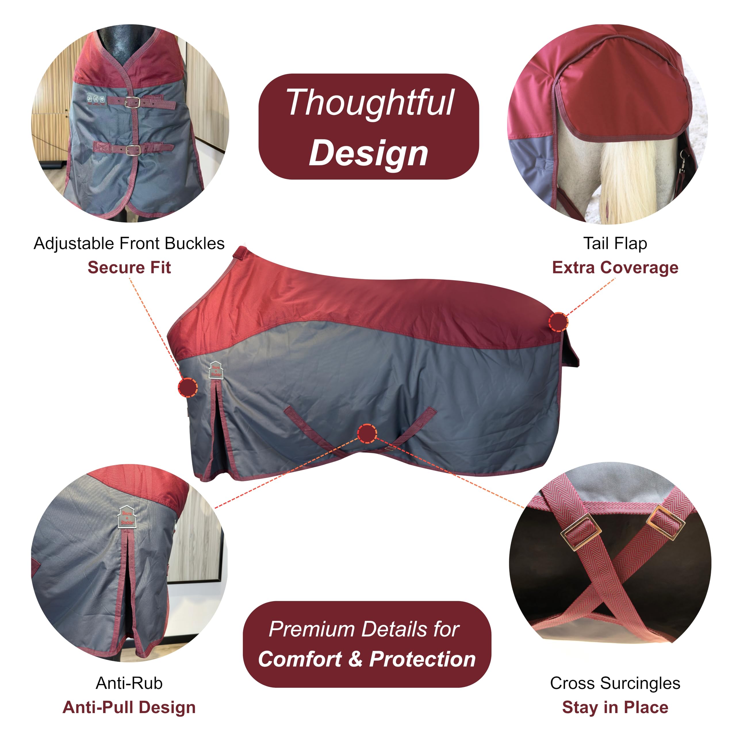 Barn & Stable tail flap and removable leg straps block drafts during turnout.