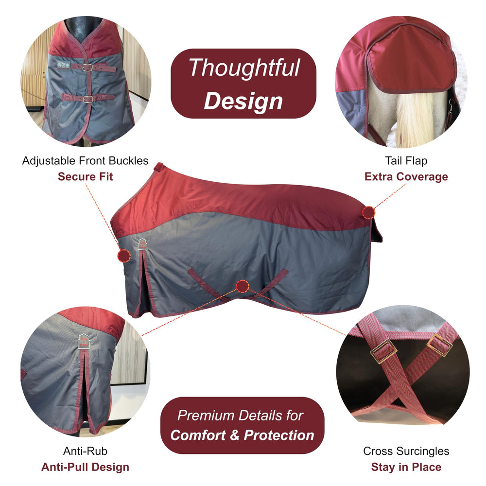 Barn & Stable tail flap and removable leg straps block drafts during turnout.