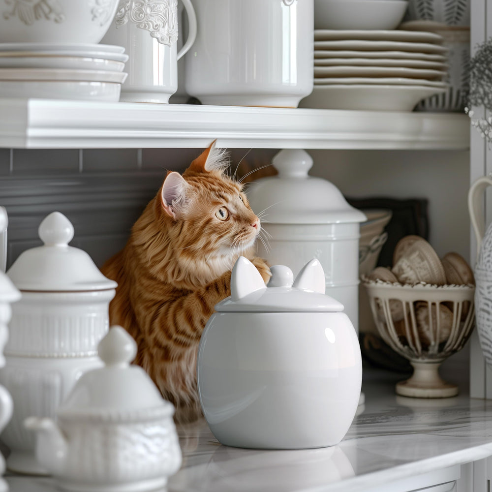 Barnyard Designs cat treat container dimensions 5.25 by 6.25 inches on display.