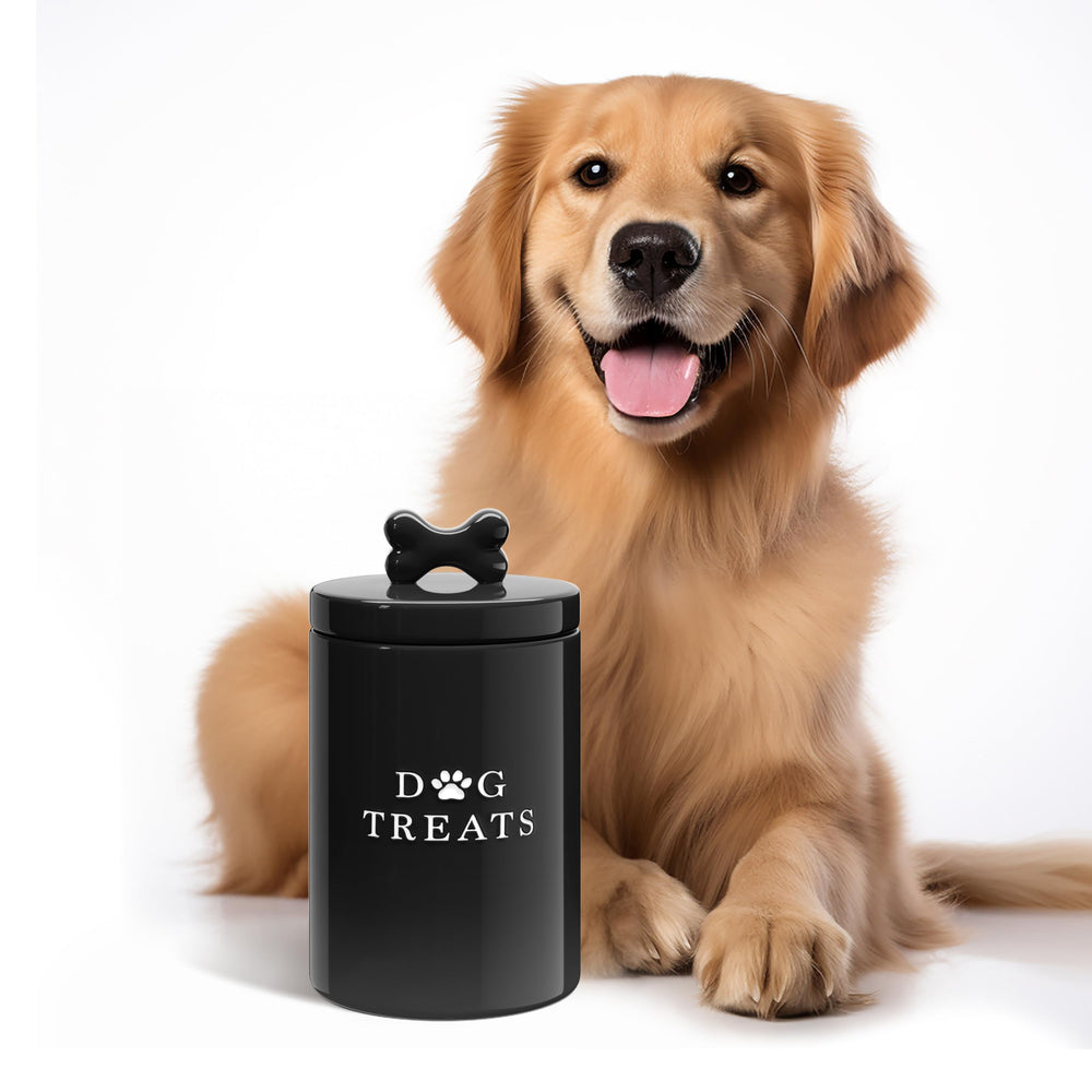 Barnyard Designs dog treat canister open with lid shows easy refilling