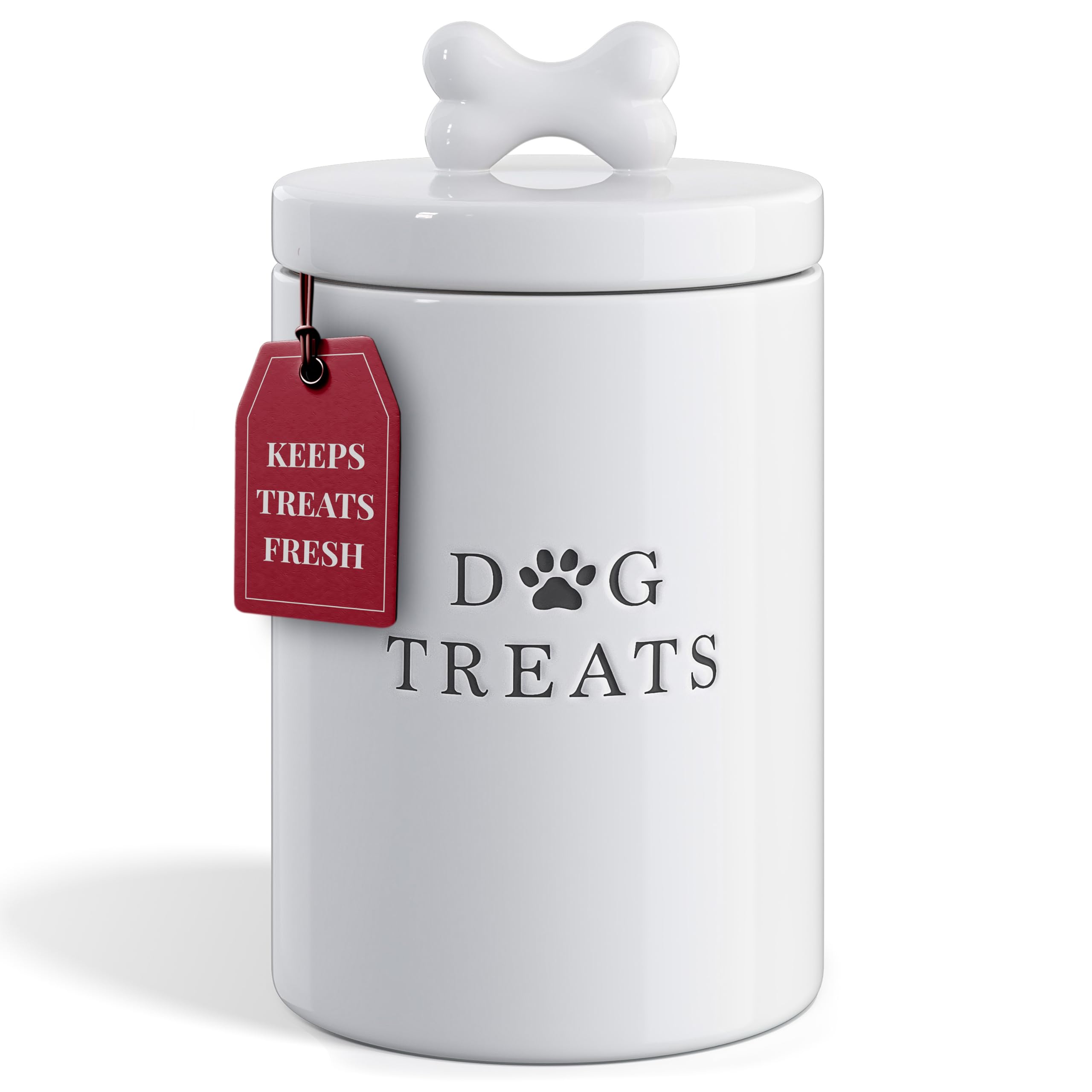 Barnyard Designs large dog treat container with airtight white lid on the counter for fresh treats