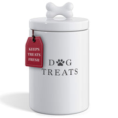 Barnyard Designs large dog treat container with airtight white lid on the counter for fresh treats