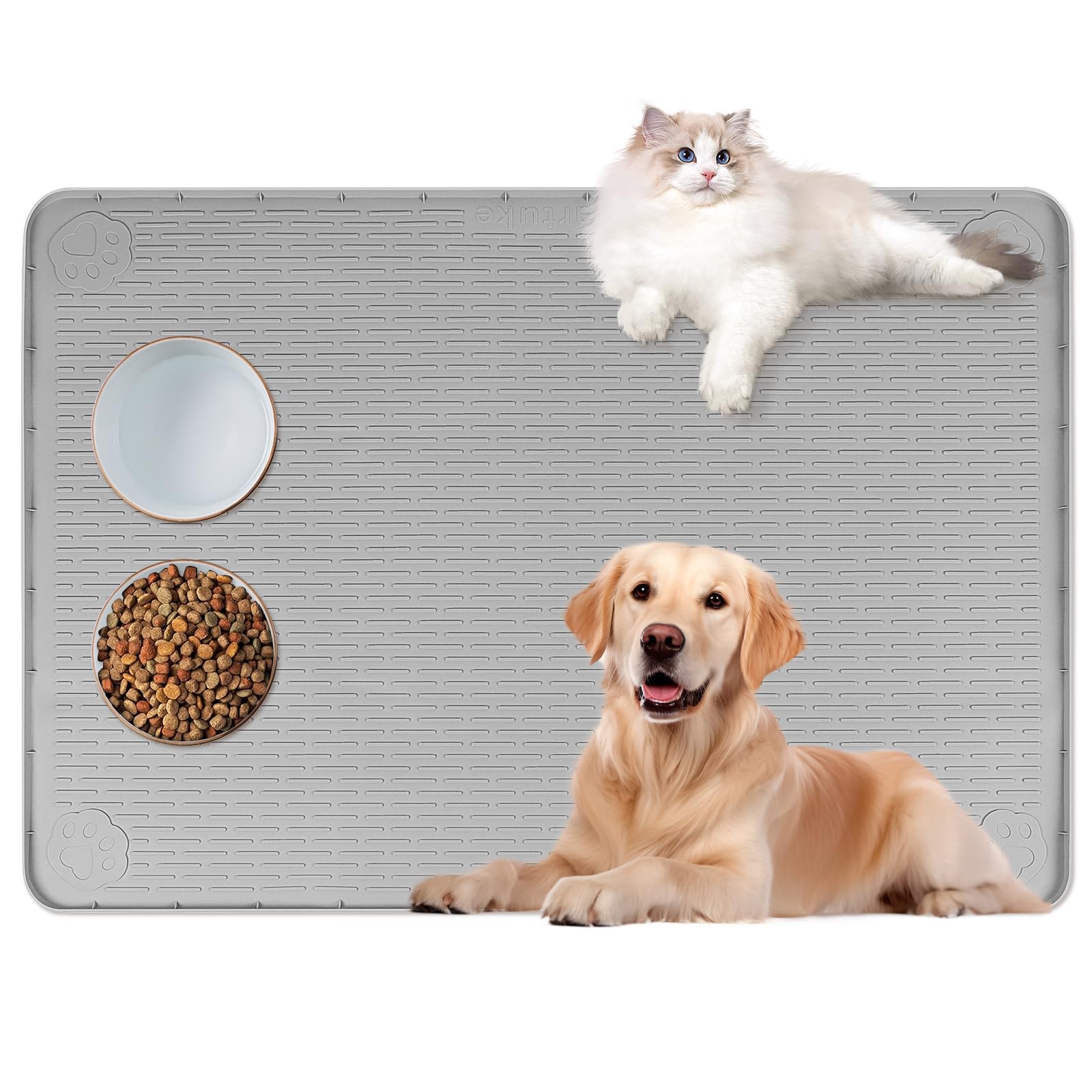 Bartuke cat food mat 40x28 gray on floor supports multiple bowls and prevents spills.
