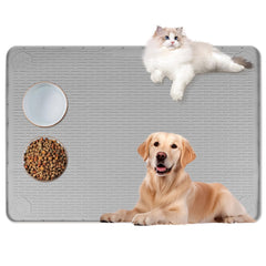 Bartuke cat food mat 40x28 gray on floor supports multiple bowls and prevents spills.