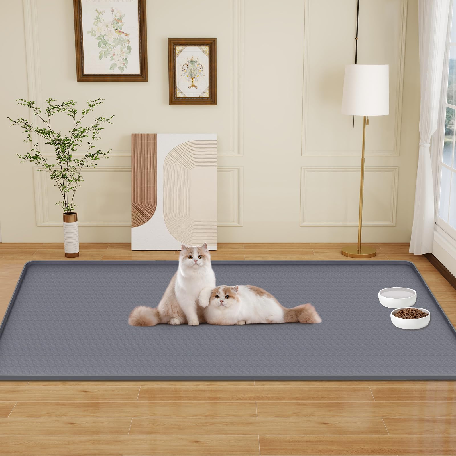 Bartuke raised-edge cat food mat protects floors and contains crumbs