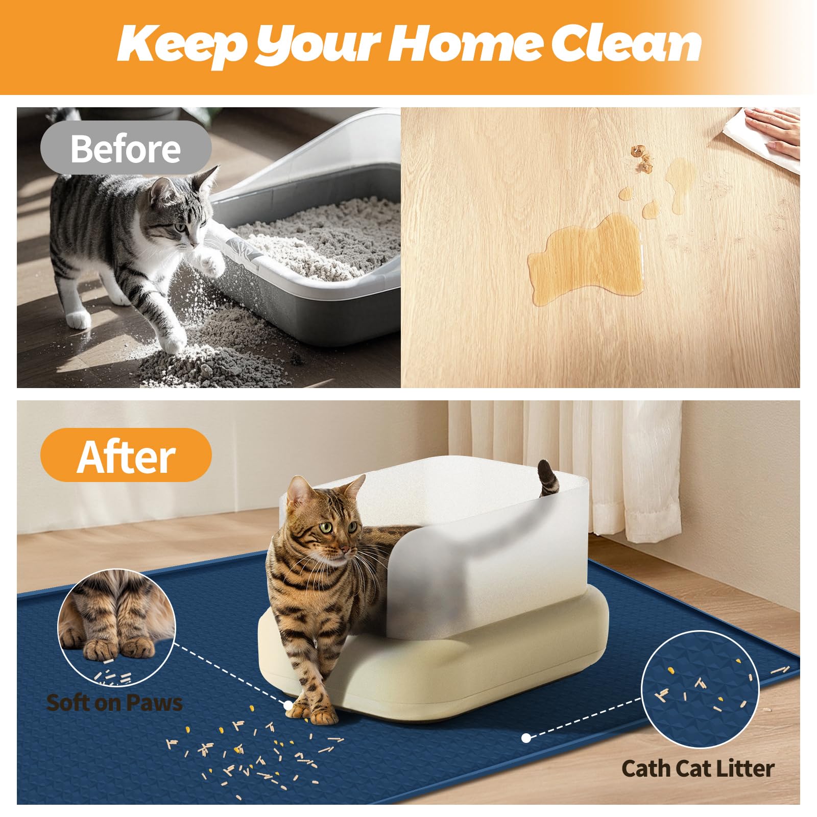 Bartuke cat litter mat easy-clean navy simplifies maintenance with rinse or sweep.