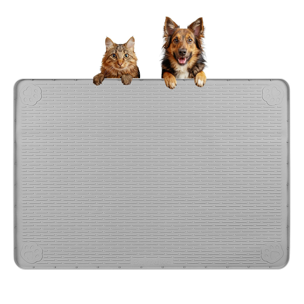 Bartuke dog food mat 34x22 wide view showing ample space for multiple bowls