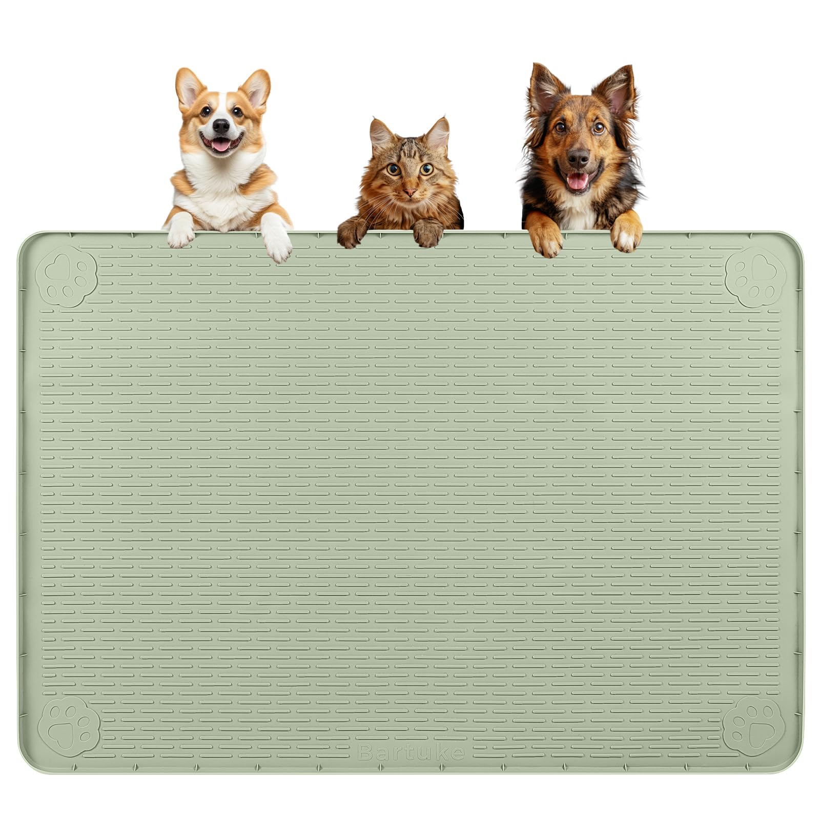 Bartuke dog food mat top view in green, large 40x28 for multiple bowls