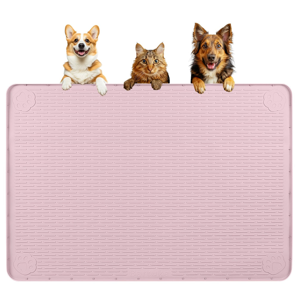 Bartuke dog food mat 40x28 pink full view shows ample space for multiple bowls.