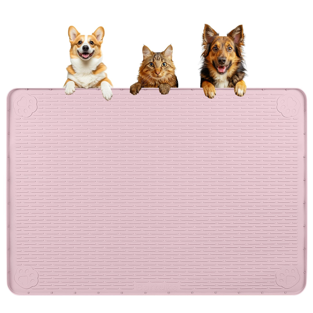 Bartuke dog food mat 40x28 pink full view shows ample space for multiple bowls.