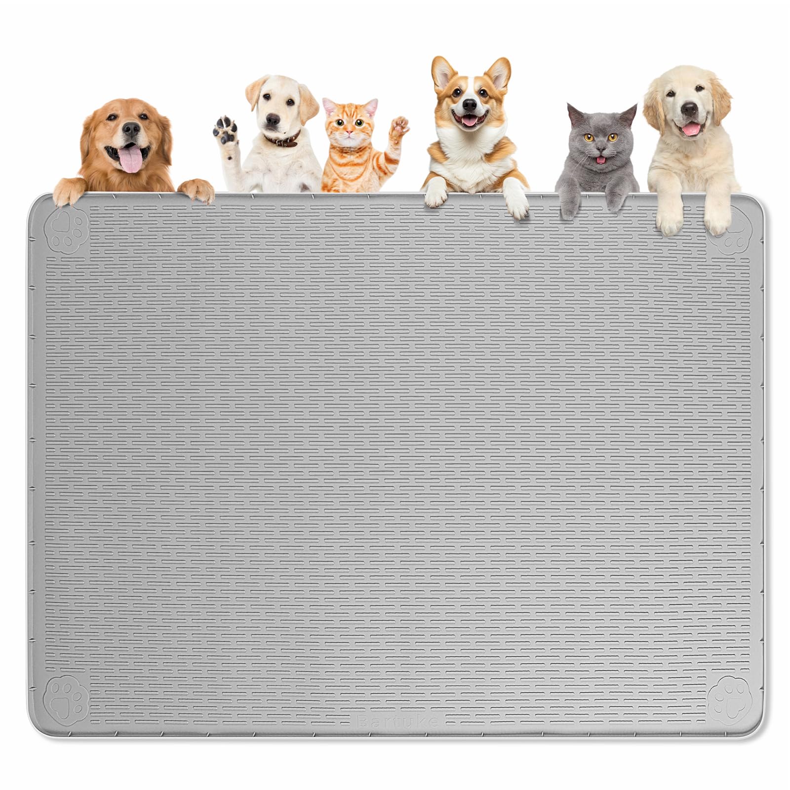 Bartuke 50x35 grey foldable dog food mat for easy storage and spill prevention.