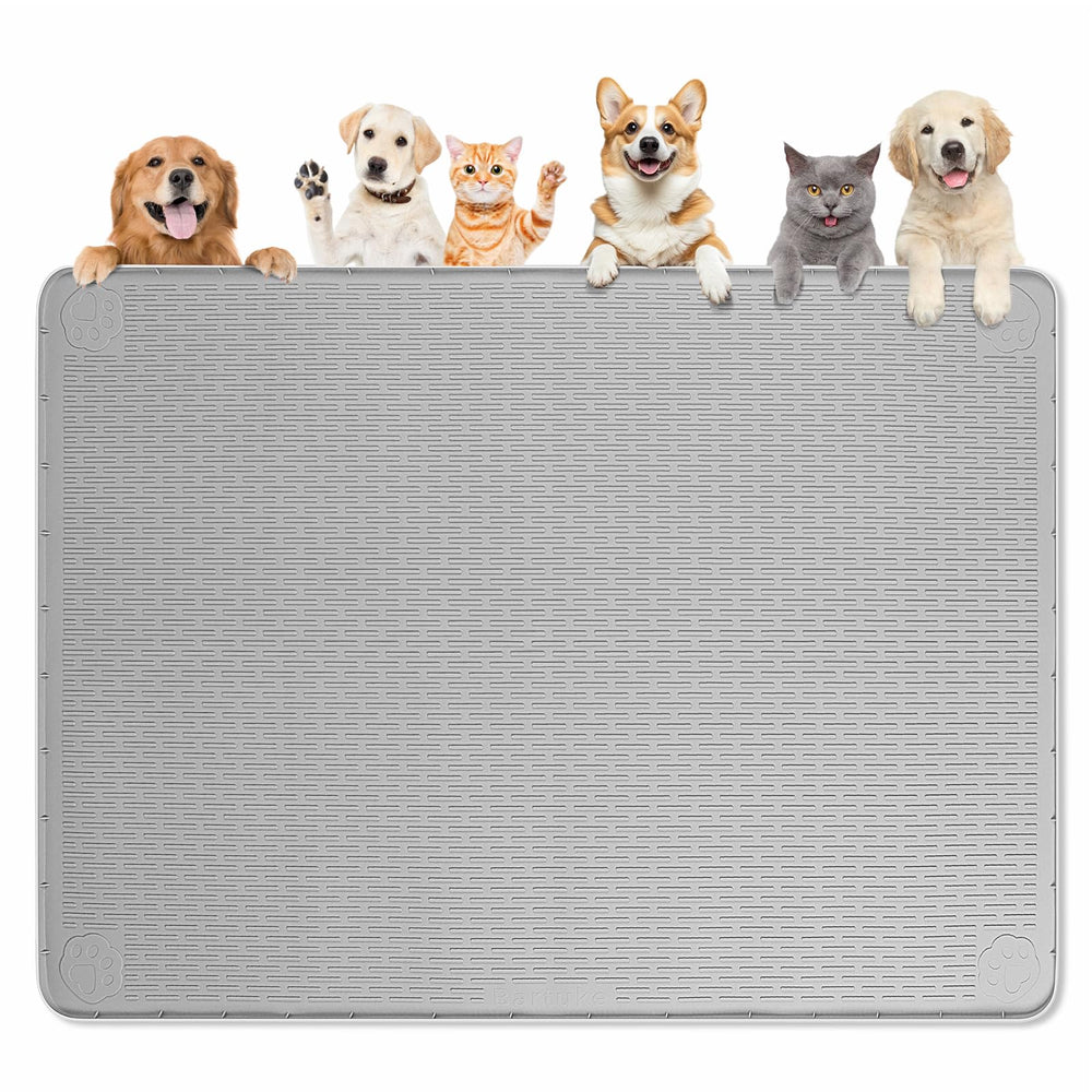 Bartuke 50x35 grey foldable dog food mat for easy storage and spill prevention.