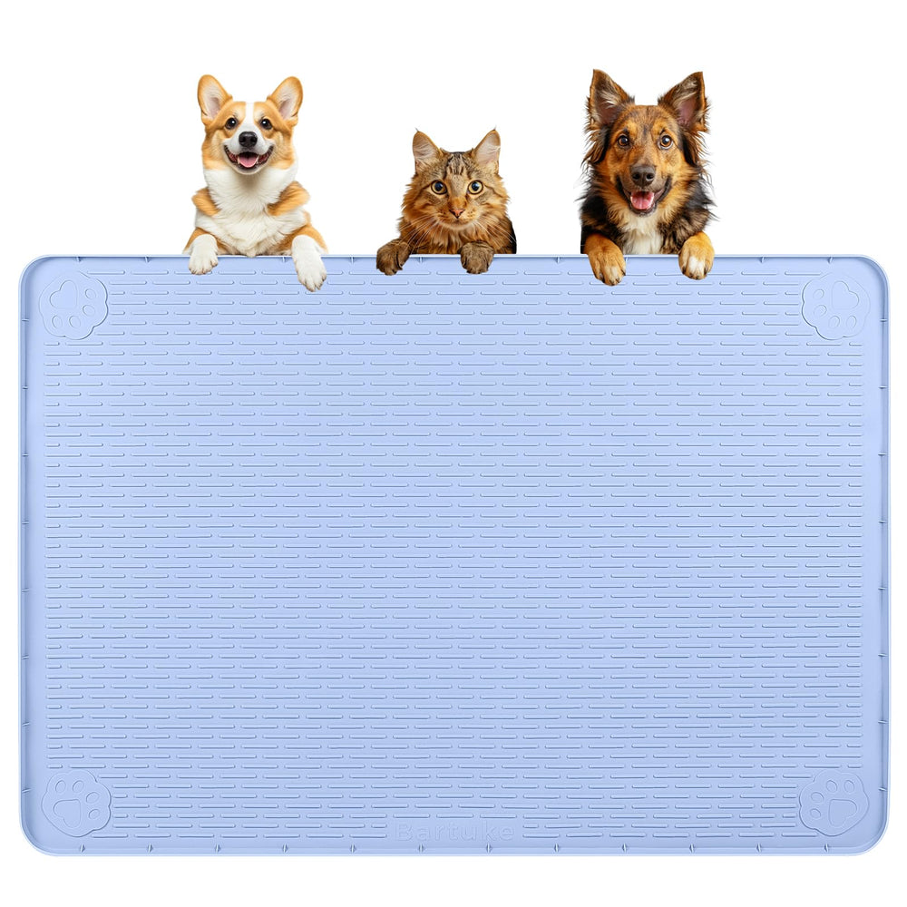 Bartuke dog food mat blue full view showing large surface for multiple bowls and spills