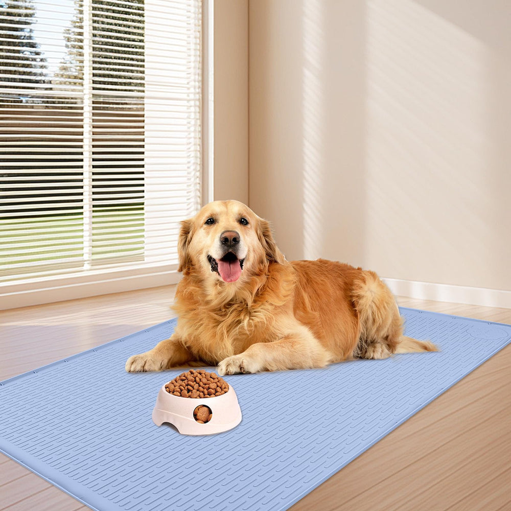 Bartuke dog food mat blue multi-use setup with bowls fountains and feeders