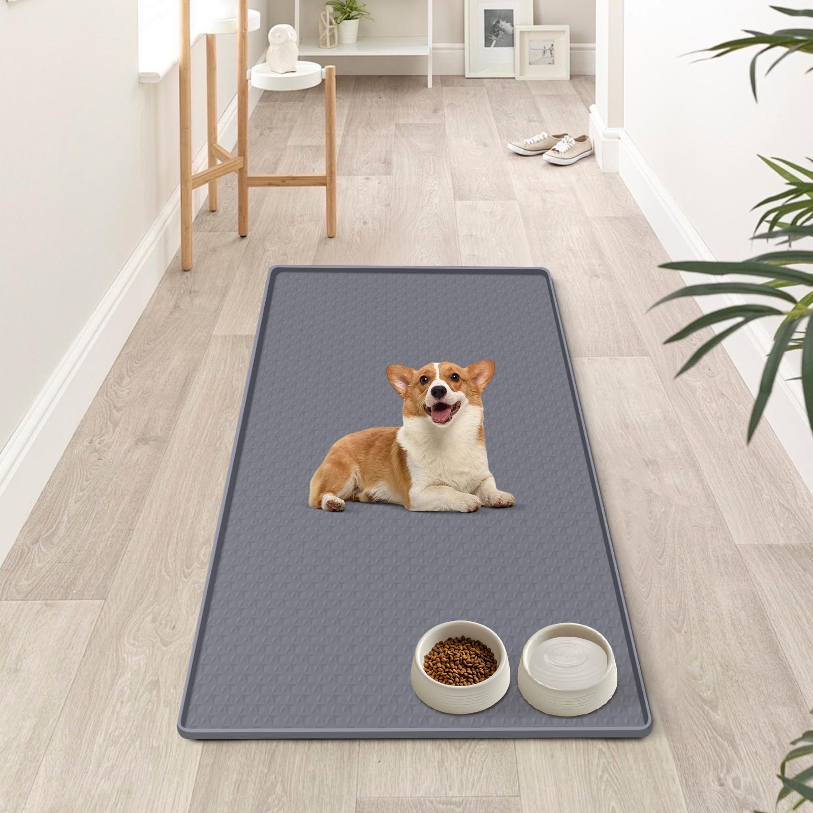 Bartuke dog food mat dark grey color blends with home decor and hides stains.