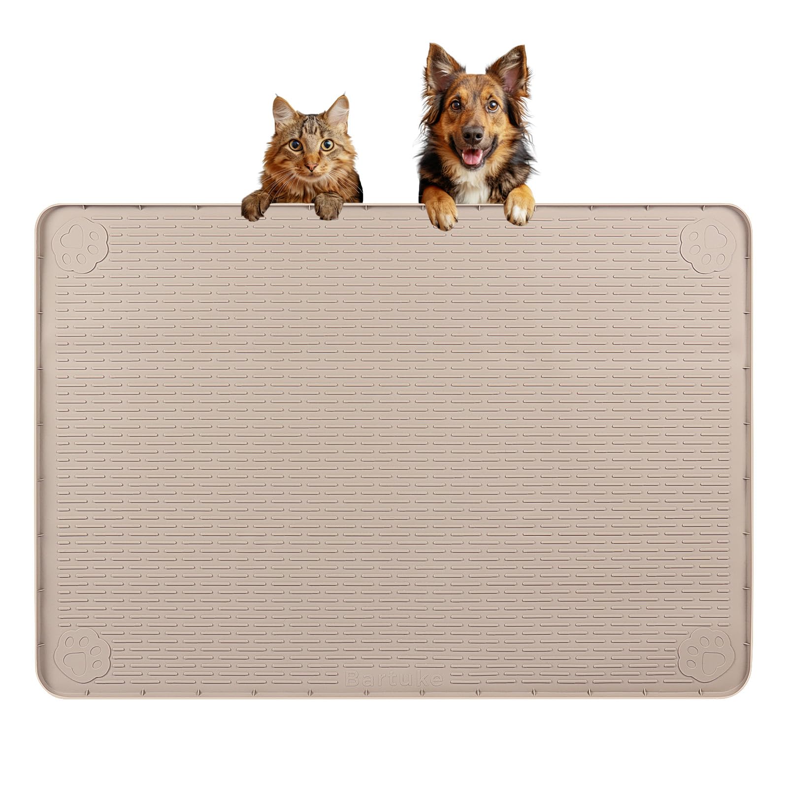 Bartuke Dog Food Mat large setup shows ample space for bowls and water to reduce spills