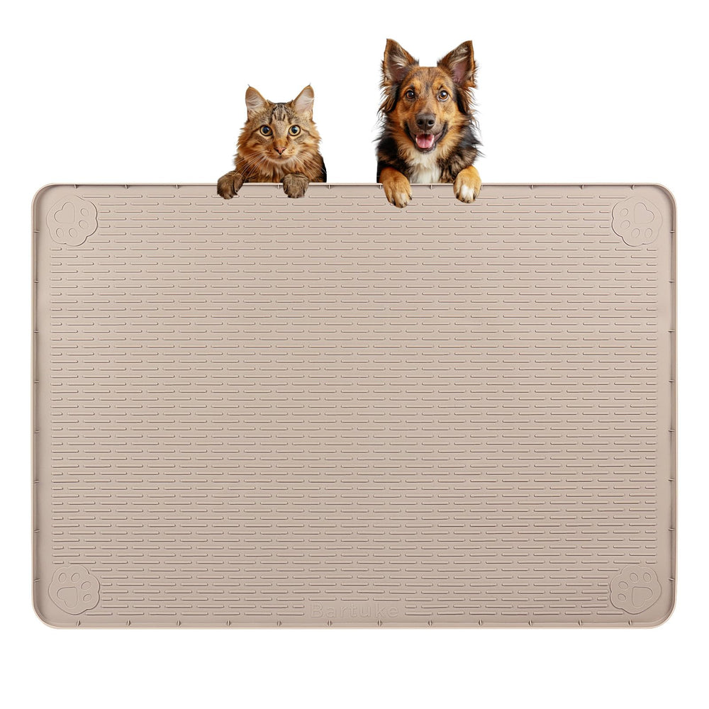 Bartuke Dog Food Mat large setup shows ample space for bowls and water to reduce spills