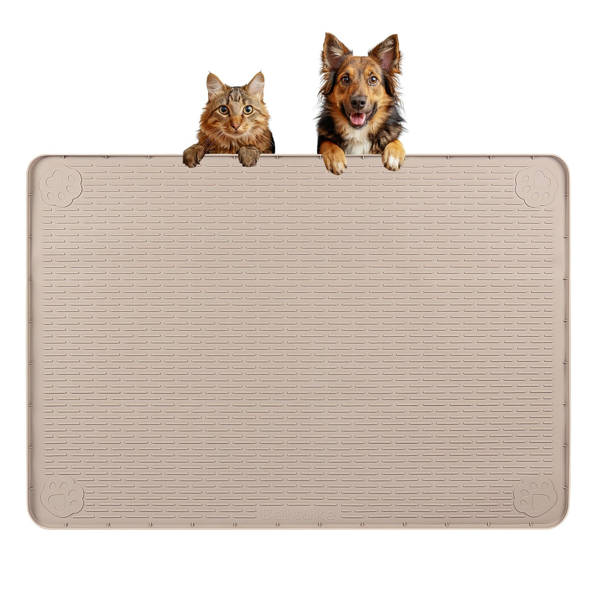 Bartuke Dog Food Mat large setup shows ample space for bowls and water to reduce spills