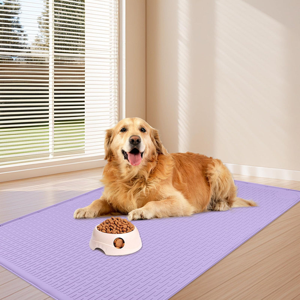 Bartuke dog food mat multiple-pets setup provides space for bowls and fountains.