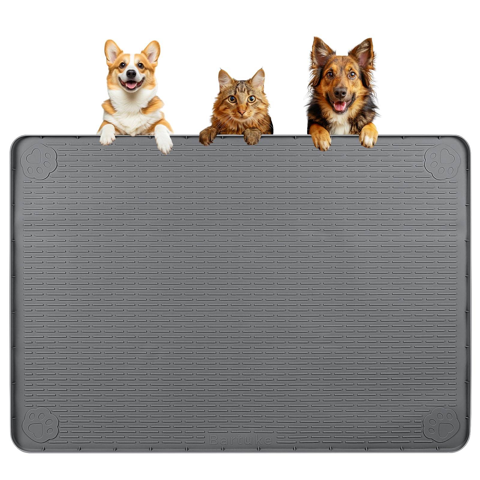 Bartuke dog food mat raised edge keeps spills contained during meals.