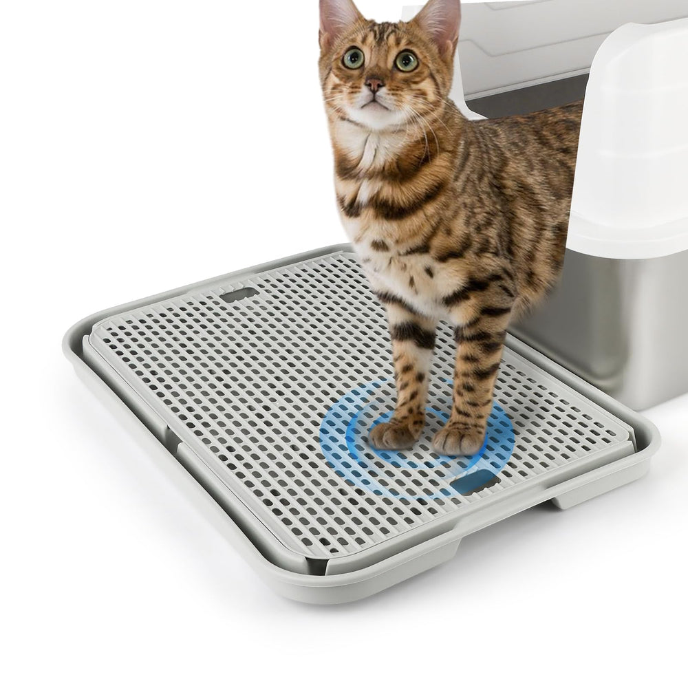 Bartuke litter box step with filter captures litter from paws for cleaner floors.