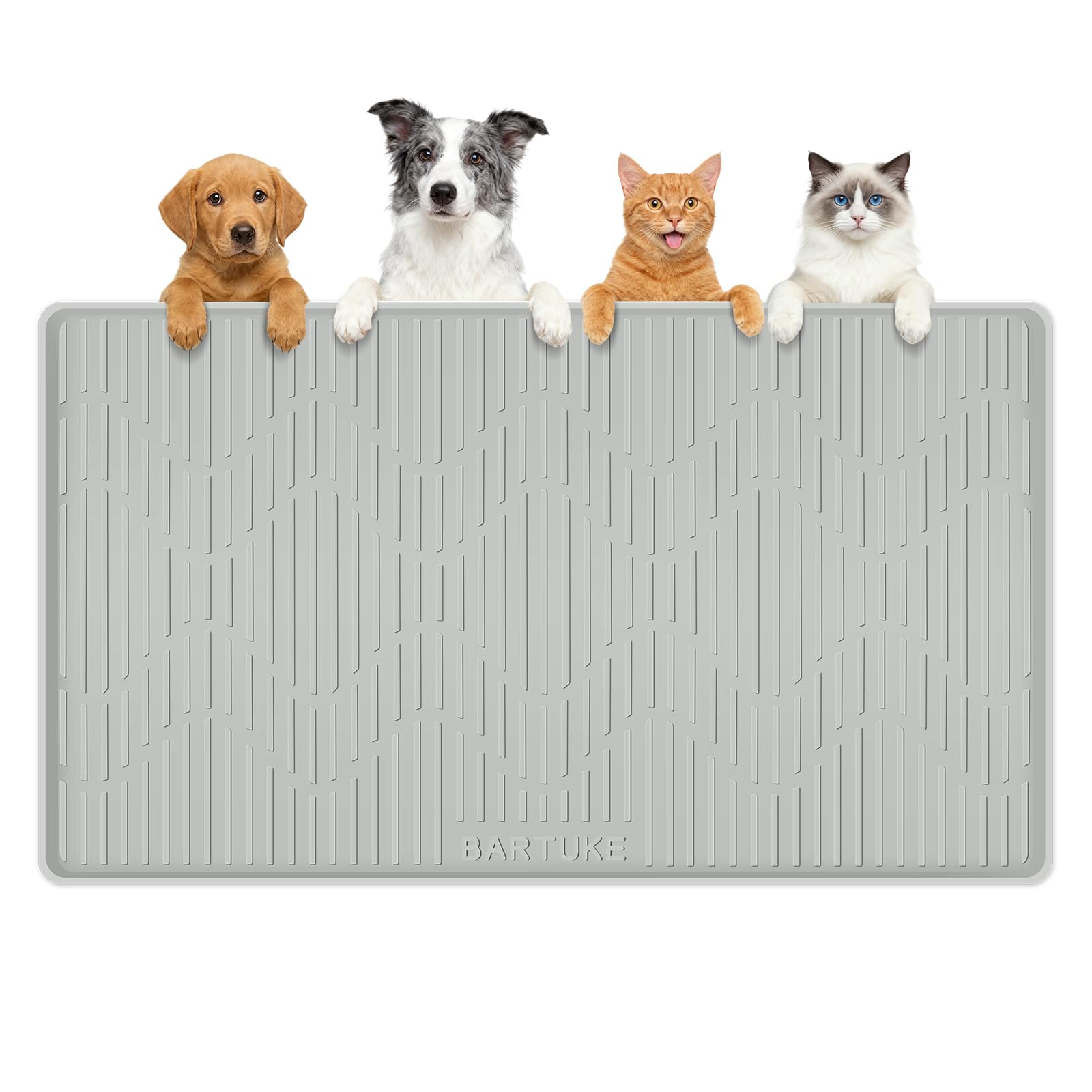 Bartuke silicone cat and dog food mat in grey, 40x22 inches, clean dining surface.