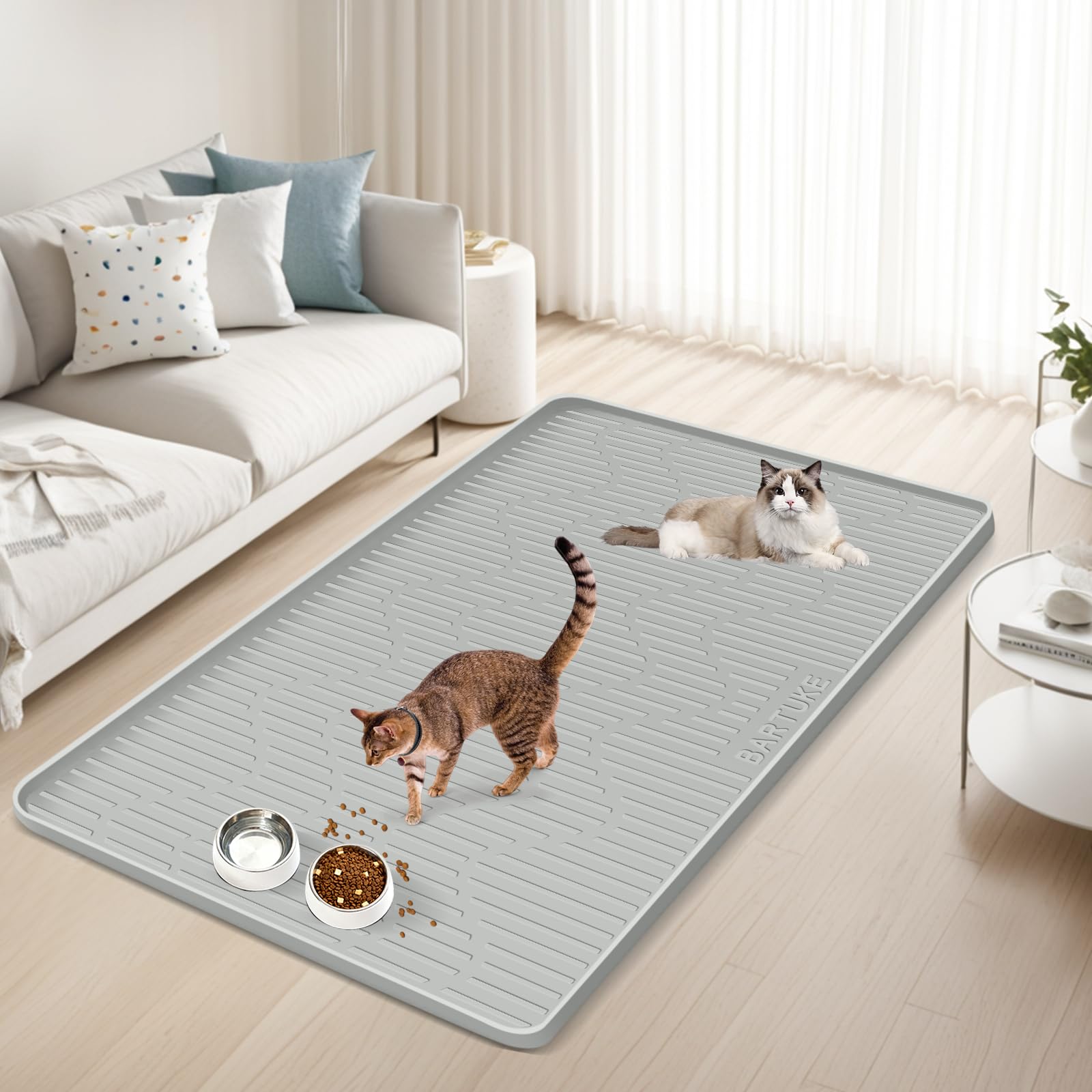 Bartuke mat placed under bowls promotes neat feeding areas.