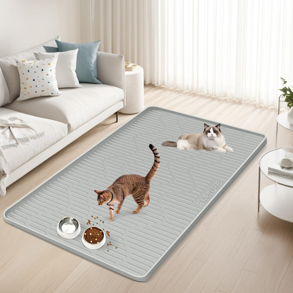Bartuke mat placed under bowls promotes neat feeding areas.