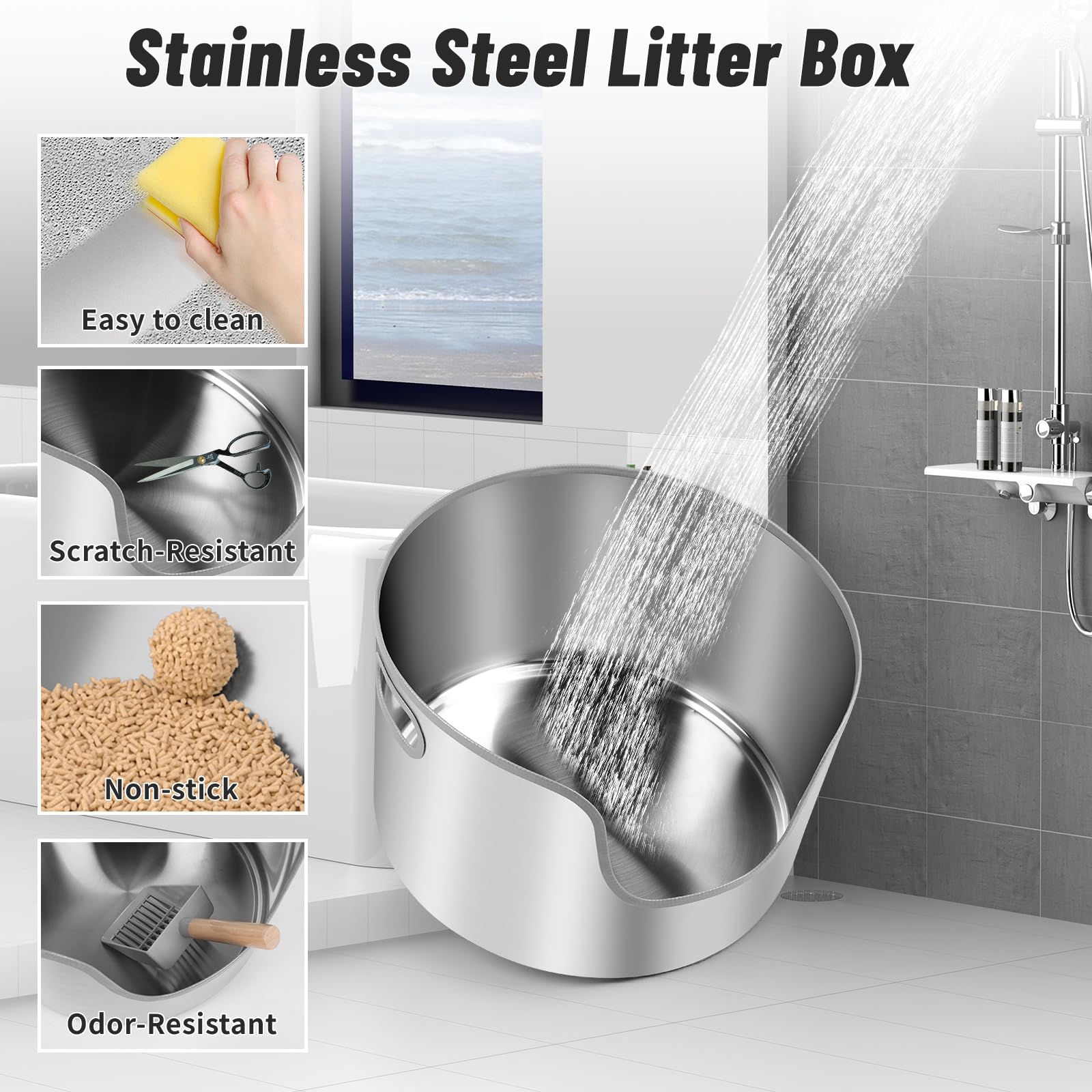 Bartuke filter pedal on stainless litter box captures scattered litter